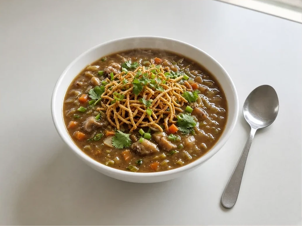Manchow soup topped with crispy noodles and fresh herbs