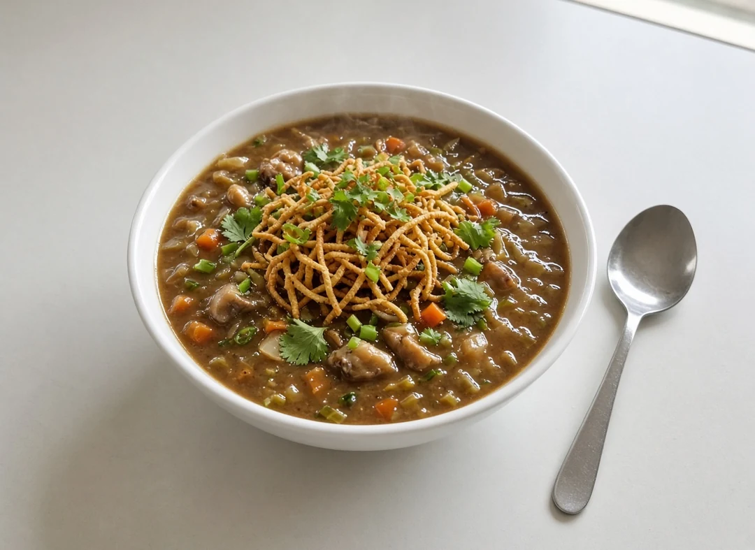 Manchow soup with vegetables, chicken and crispy noodles